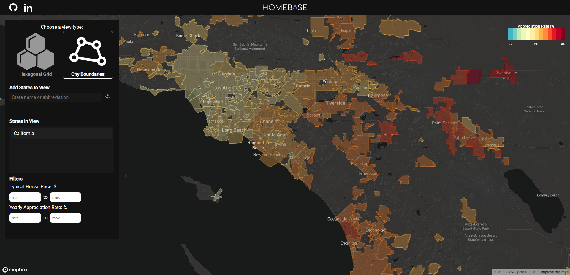 Custom data fetching hooks pull census data of city boundaries so the user can view detailed city outlines across the country. If all states are added the number of vertices shown is >1 million (~22,000 cities). 